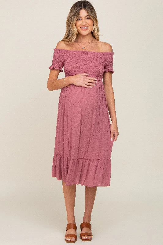 Women's Elegant Evening Outfit Mauve Off Shoulder Smocked Maternity Midi Dress