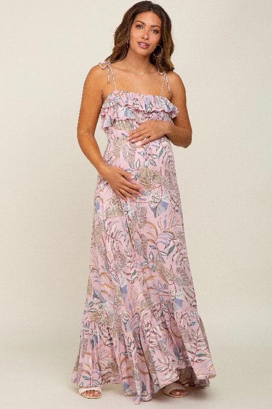 Formal Clothing For Women Pink Floral Ruffle Top Back Cutout Maternity Maxi Dress