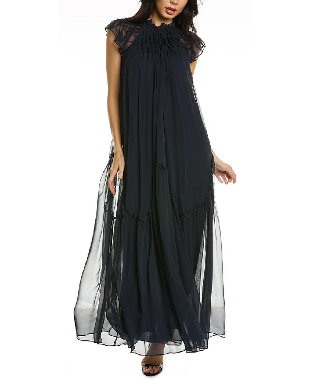 Women's Evening Clothes Rebecca Taylor Smocked Chiffon Silk Maxi Dress