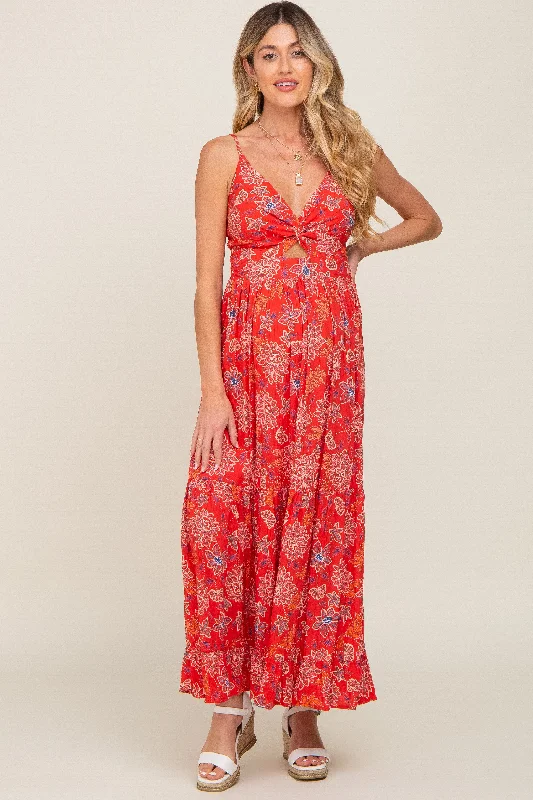 Women's Clothes For Work Events Red Floral Front Twist Maternity Maxi Dress