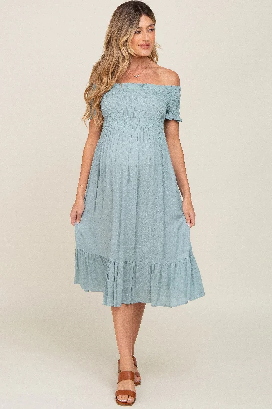 Vintage-Inspired Women's Apparel Sage Off Shoulder Smocked Maternity Midi Dress