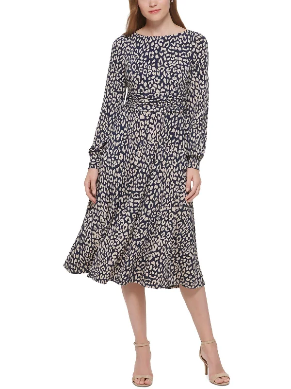 Women's Travel Attire Womens Leopard Print Ruched Midi Dress