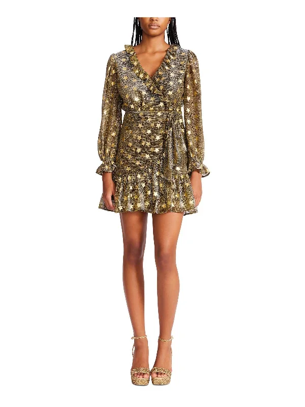 High-Fashion Women's Clothing Womens Metallic Mini Wrap Dress