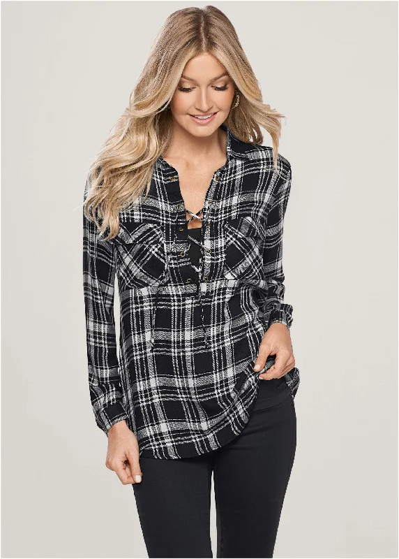 Women's Evening Apparel Plaid Lace-Up Top - Black Multi