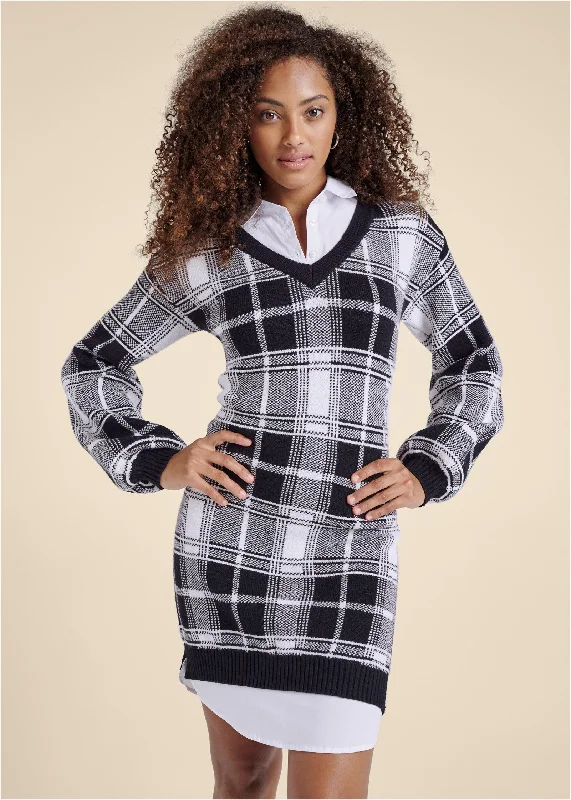 Elegant Women's Evening Garments Plaid Layered Sweater Dress - White & Black