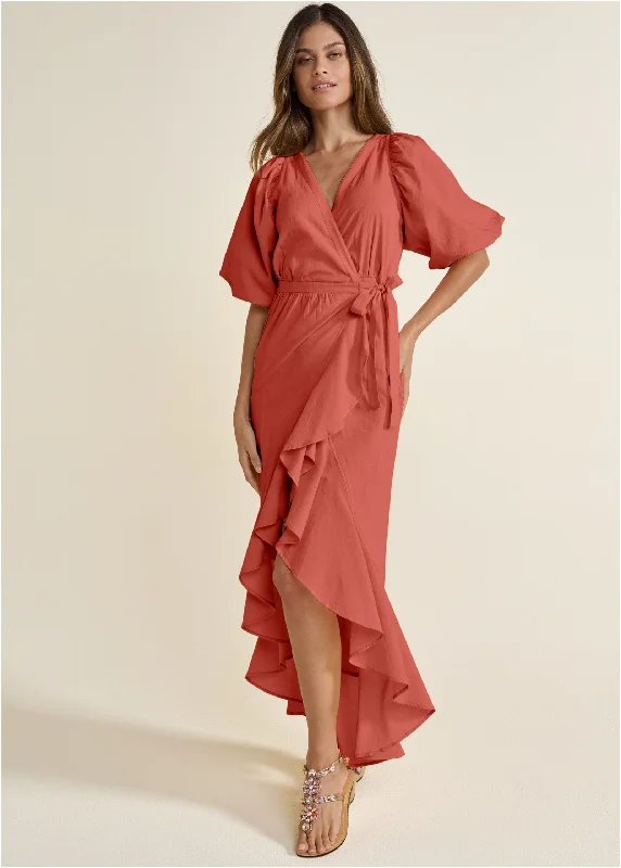 Women's Stylish Vacation Attire Ruffle Wrap Maxi Dress - Burnt Orange