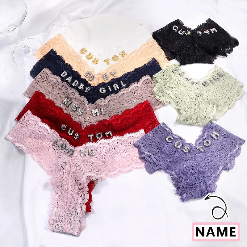 Women's Stylish Vacation Attire Custom Sexy lace V-string Thong With Crystal Letters For Women DIY Name Bikini Large Underwear Body Jewelry Girsl Birthday Gifts(DHL is not supported)