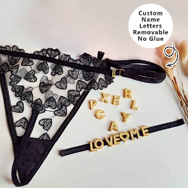 Women's Date Night Outfit #Removable Letters Customize Shine Crystal Name Letter Lace Heart Waist Chain Body Jewelry Women Sexy Lace Bikini G-String Panties Girl Valentine's Day Gift(DHL is not supported)