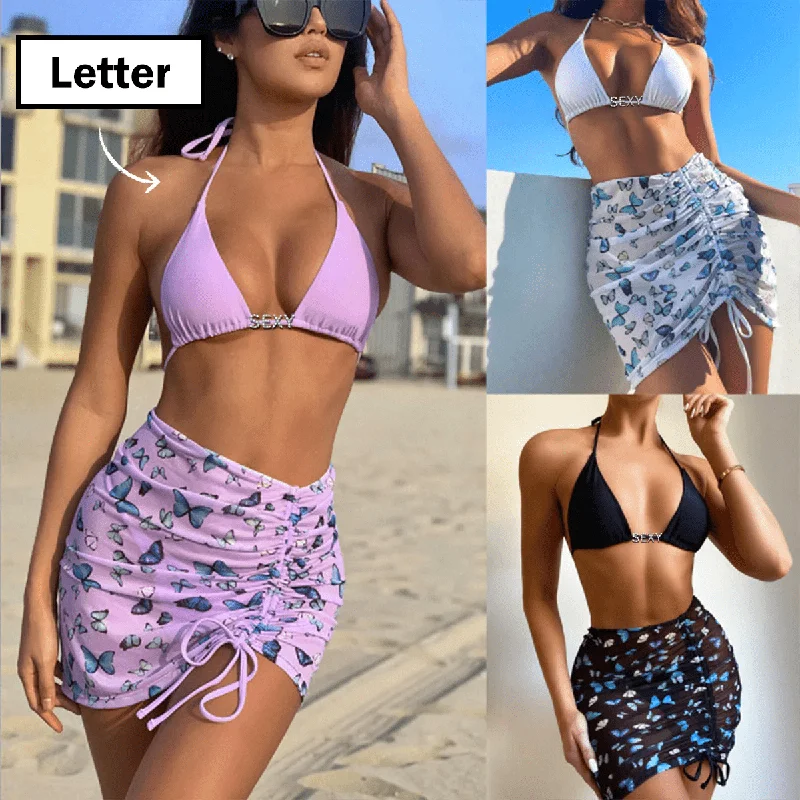 Women's Fashion-Forward Apparel DIY Crystal Letters Halter Bikini Custom Name Bikini Cover Up Skirt Beach Body Jewelry(Custom 1-10 Letters)