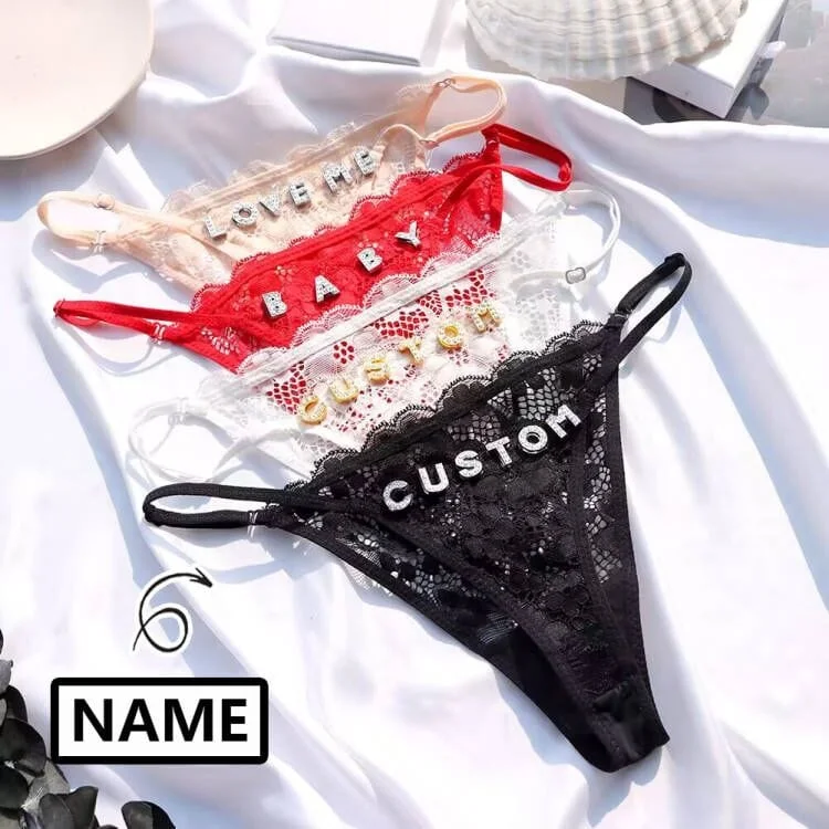 Women's Stylish Outdoor Outfit Sexy Customized Name Crystal Letter Lace Panties Women Underwear Briefs Thong Transparent Lingerie G string Intimates Girls Gift(DHL is not supported)