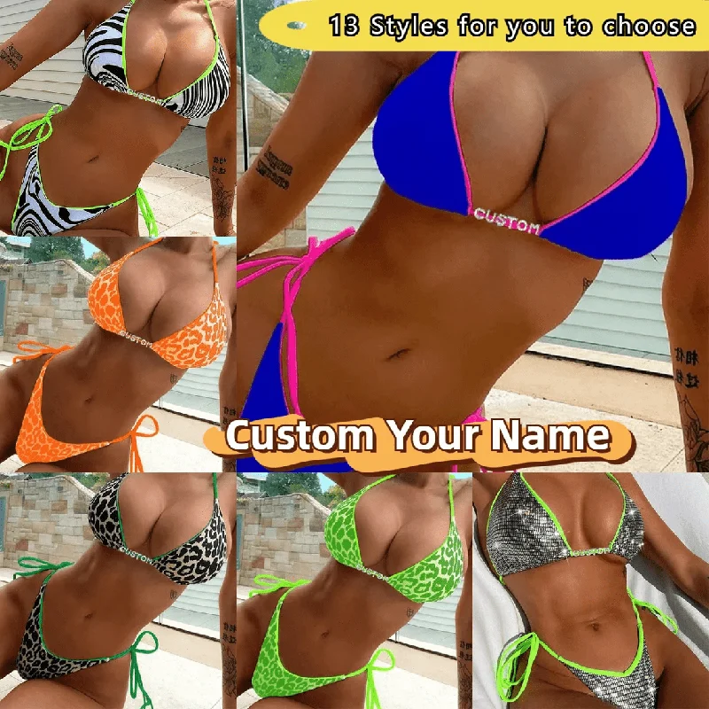 Women's Wedding Apparel Sexy DIY Crystal Letters Bikini Bling Bling Custom Name Zebra Leopard Triangle Halter Bikini Sets Beach Body Jewelry(Custom 1-10 Letters)