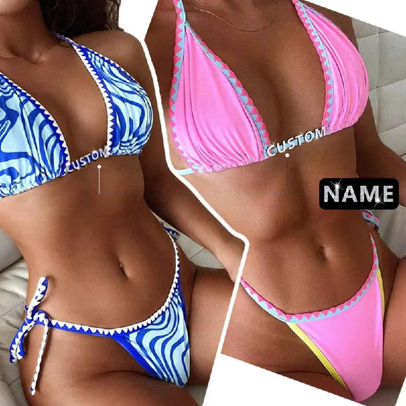 Timeless Women's Apparel Sexy DIY Crystal Letters Pink Bikini Custom Name Shell Edge Triangle Bikini Sets Beach Body Jewelry(Custom 1-10 Letters)