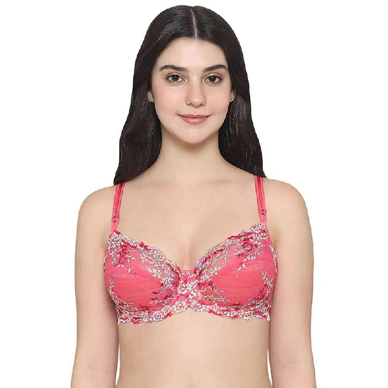 Women's Travel Attire Embrace Lace Non Padded Wired 3/4th Cup Bridal Wear Medium coverage Fashion Bra - Pink