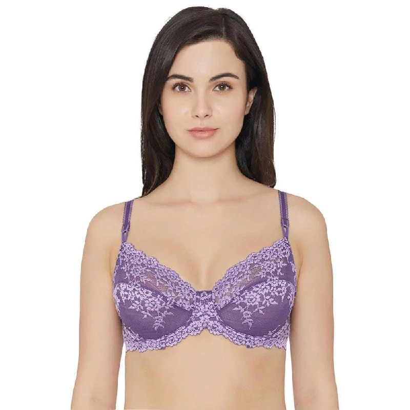 Women's Elegant Evening Outfit Embrace Lace Non Padded Wired 3/4th Cup Bridal Wear Medium coverage Fashion Bra - Purple