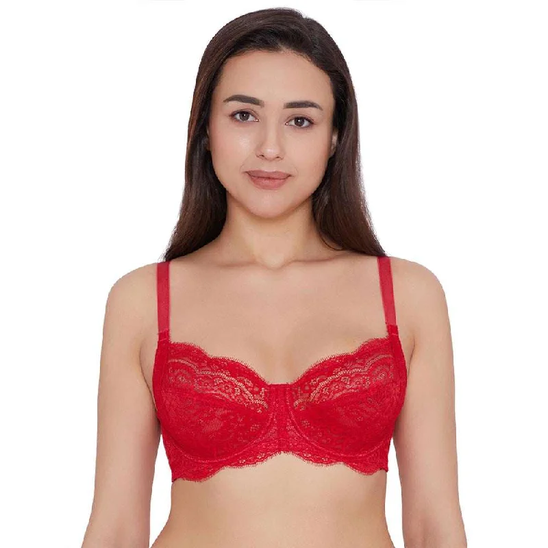 Casual Clothes For Women Essential Lace Non Padded Wired Full Cup Bridal Wear Lace Bra Full Support Bra - Red