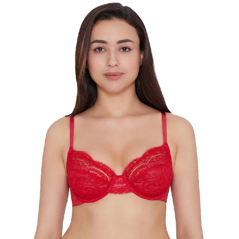 Women's Trendy Clothes Essential Lace Non Padded Wired Full Cup Bridal Wear Lace Bra Full Support Bra - Red