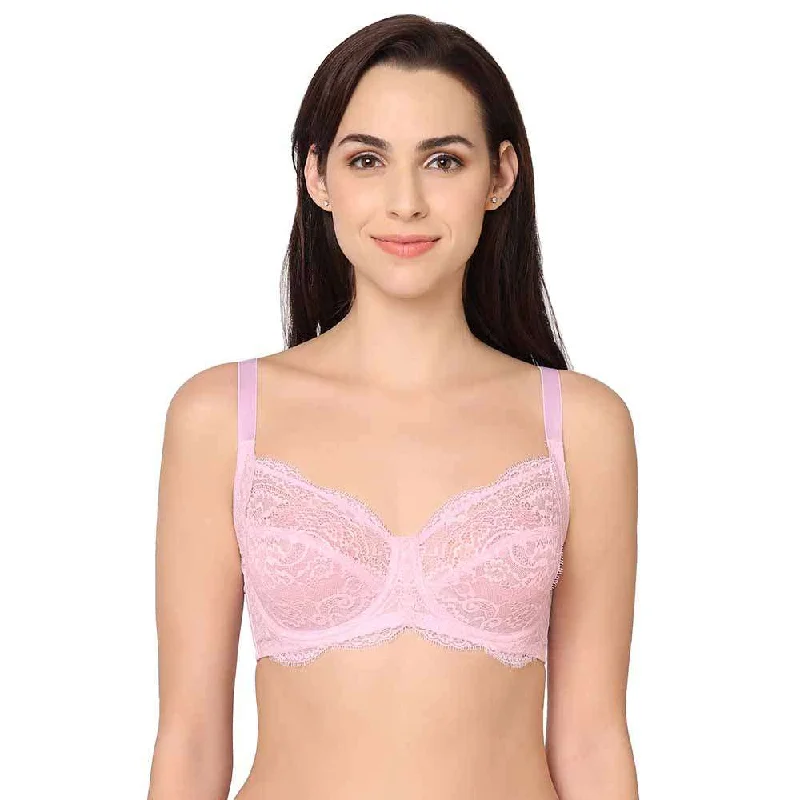 Timeless Women's Apparel Essential Lace Non Padded Wired Full Cup Bridal Wear Lace Bra Full Support Bra - Light Pink