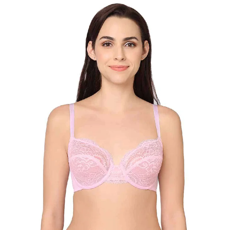 Women's Resort Apparel Essential Lace Non Padded Wired Full Cup Bridal Wear Lace Bra Full Support Bra - Light Pink