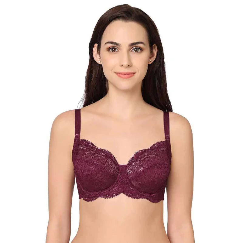 Women's Athletic Clothes Essential Lace Non Padded Wired Full Cup Bridal Wear Lace Bra Full Support Bra - Wine