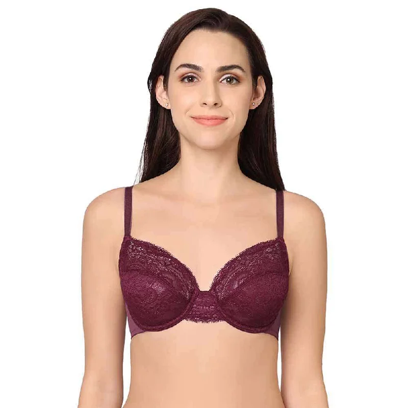 Women's Loungewear Clothes Essential Lace Non Padded Wired Full Cup Bridal Wear Lace Bra Full Support Bra - Wine