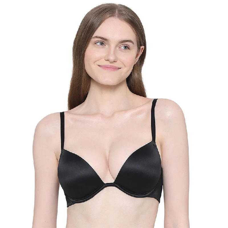 Women's Transitional Apparel Playful Love Padded Wired Demi Cup Plunge Neck  Party Wear Level 3 Push-up Bra - Black