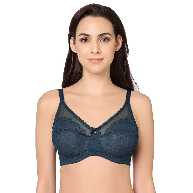 Women's Luxury Attire Retro Chic Non-Padded Wired Full Coverage Full Cup Bra - Blue