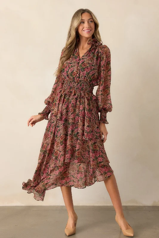 Formal Garments For Women Roses Of Love Black Multi Floral Long Sleeve Ruffle Midi Dress